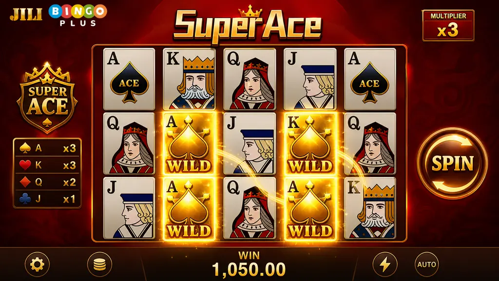 JILI Super Ace slot 5x4 1,024-ways screen showing Golden Card wilds and 1x to 10x multipliers on abc8